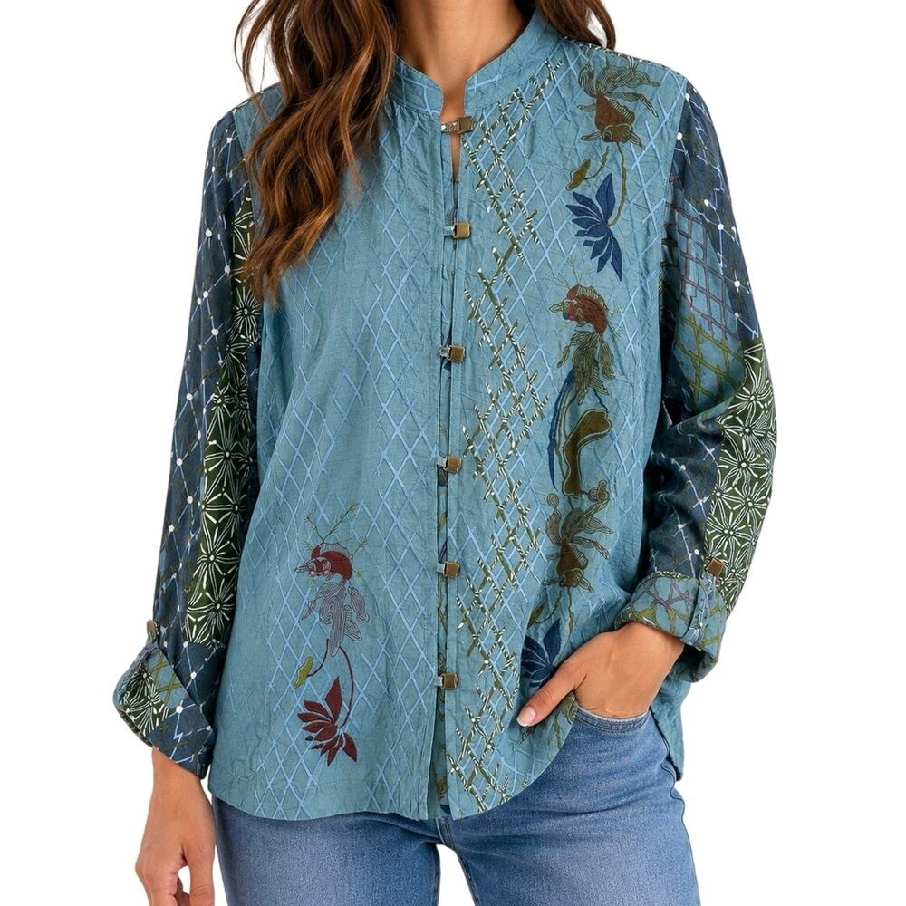 CITRON Santa Montica Small Blue Wearable Art Floral Blouse Shirt Top Artsy
